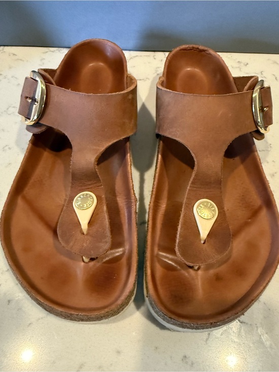 Birkenstock Shoes - Birkenstock Brown Leather T-Strap Sandals with Gold Accents